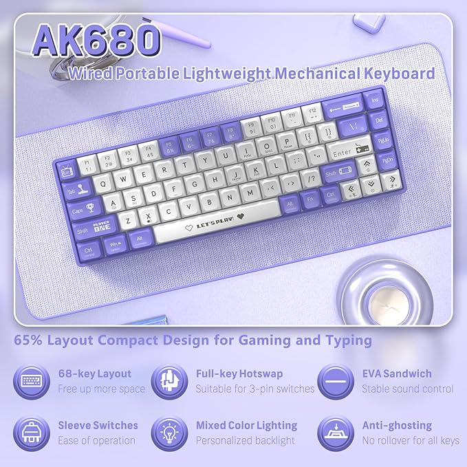ATTACK SHARK AK680 60% Wired Mechanical Gaming KeyboardHot-SwappableRGB Rainbow BacklitUV Printing and EVA Sound ControlFully Anti-GhostingProgrammableBrown Switch for Windows/Mac Purple&ampWhi