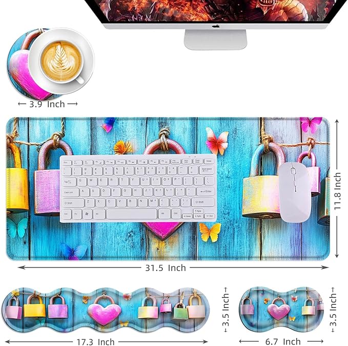 Mouse PadLarge Desk Mat Set 4in1 XL Mousepad + Keyboard Wrist Rest+Mouse Wrist Rest+Coaster with Ergonomic Desk Pad for Home Office Table Computer Cover -Heart Lock and Butterflies