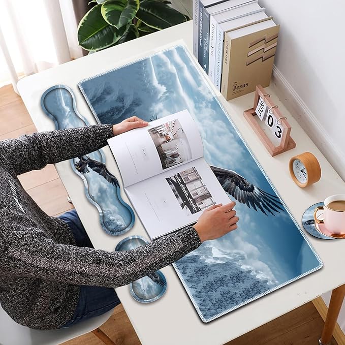 4 in 1 Mouse Pad Combo Large Gaming Mouse Pad + Keyboard Wrist Support + Mouse Wrist Rest + Coaster Table Pad 31.5 x 11.8 with Memory Foam Ergonomic Wrist Pad Set Eagles in The Sky