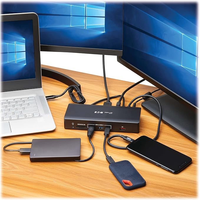 Tripp Lite Three-Monitor Docking Station USB-C Dock Triple Display 4K@60Hz | 2 HDMI DisplayPort VGA | USB Hub Ethernet Port SD Card 100W PD USB-C Charging 3-Year Warranty (U442AB-DOCK9)