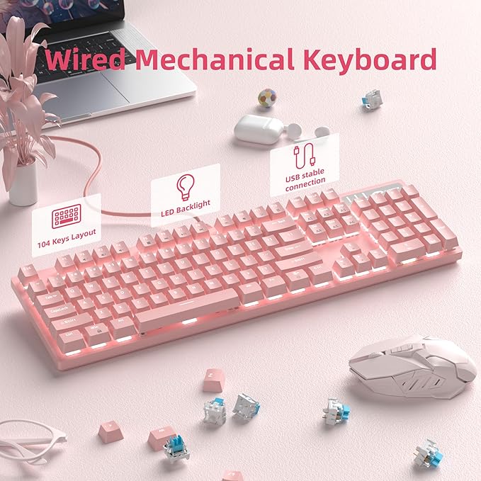 MageGee Pink Gaming Keyboard USB Wired Keyboard New Mechanical Storm Adjustable Backlight Keyboards Splash-Proof Ideal for PC/Laptop/MAC Game(Pink)