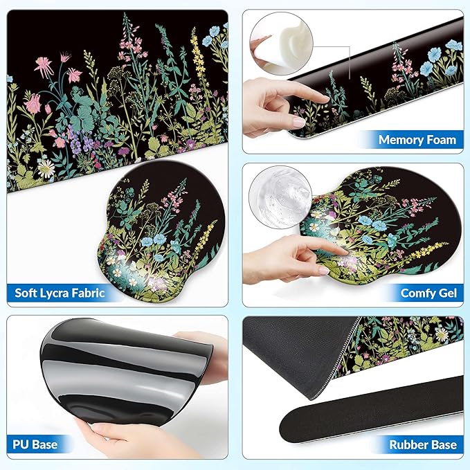 Desk Mat Set + Keyboard and Mouse Pad with Wrist Rest Support4-in-1 Large Mousepad Computer Mats for Desktop Home &amp Office-Flowers Garden