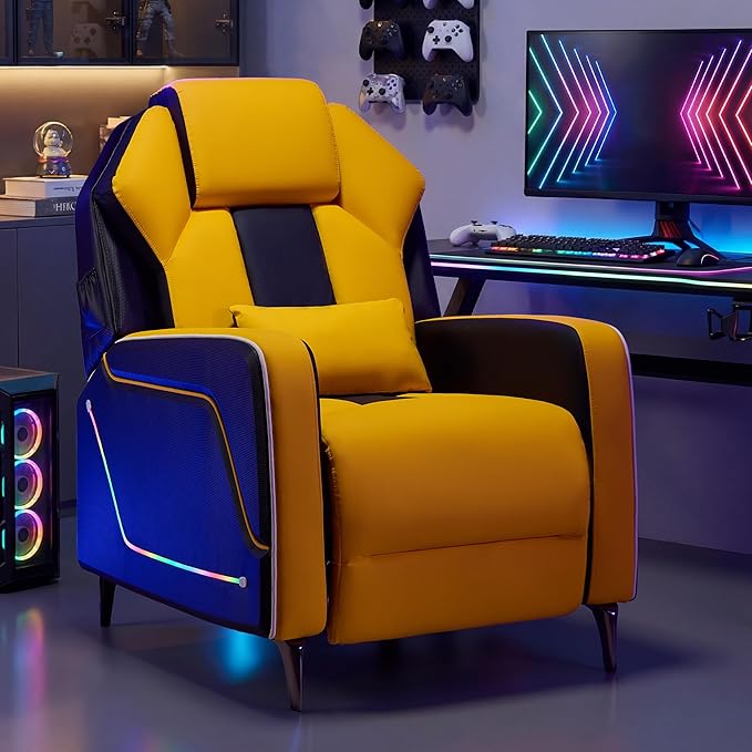 Gaming Recliner Chair with LED Lights Racing Style Big and Tall PU Leather Gaming Chair for Adults Lumbar Support Modern Ergonomic Comfortable Home Theater Seating for Living Room (Yellow)