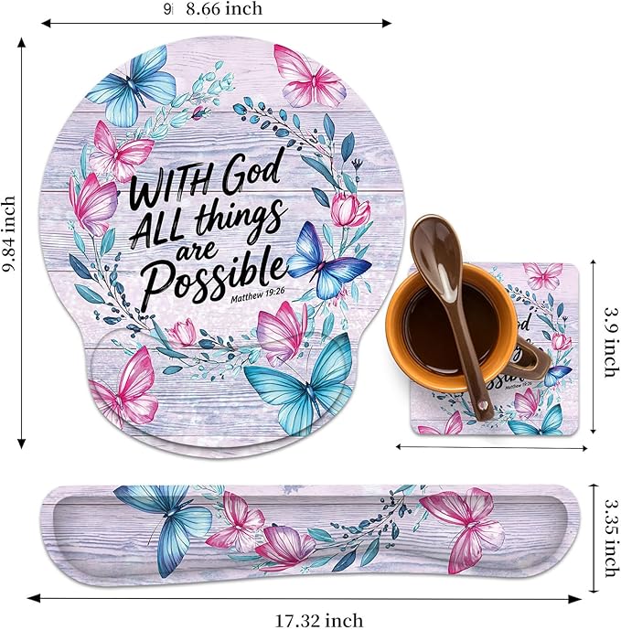 Keyboard Wrist Rest and Mouse Wrist Rest Pad with Cup CoasterMade of Memory FoamErgonomic SupportEasy-Typing and Pain Relieffor Gaming Office Home Computerwith God All Things are Possible Floral