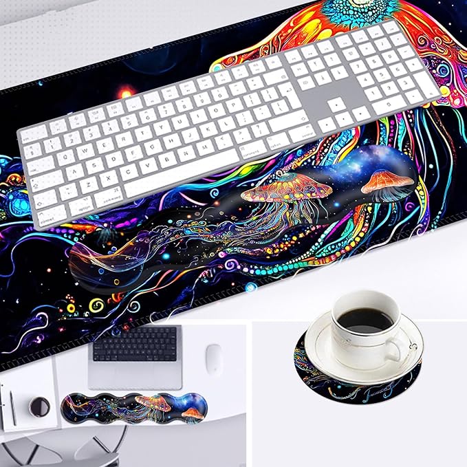 Large Mouse Pad and Keyboard Wrist Rest Desk Pad for Keyboard and Mouse 4-in-1 Large Gaming Mouse Pad with Wrist Support Desk Mat for Home Office Study GameColorful Jellyfish