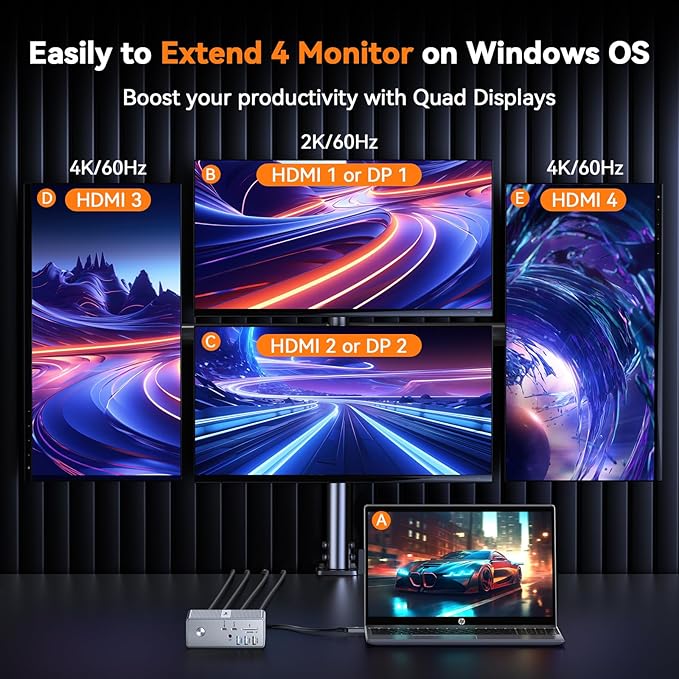 TobenONE Quad Monitor Docking Station with 4 HDMI 18-in-1 DisplayLink Docking Station with 120W Charger Dock for Thunderbolt 4/3 Laptops USB-C Windows MacBook(4 USB 2 USB-C EthernetSD/TFAudio)