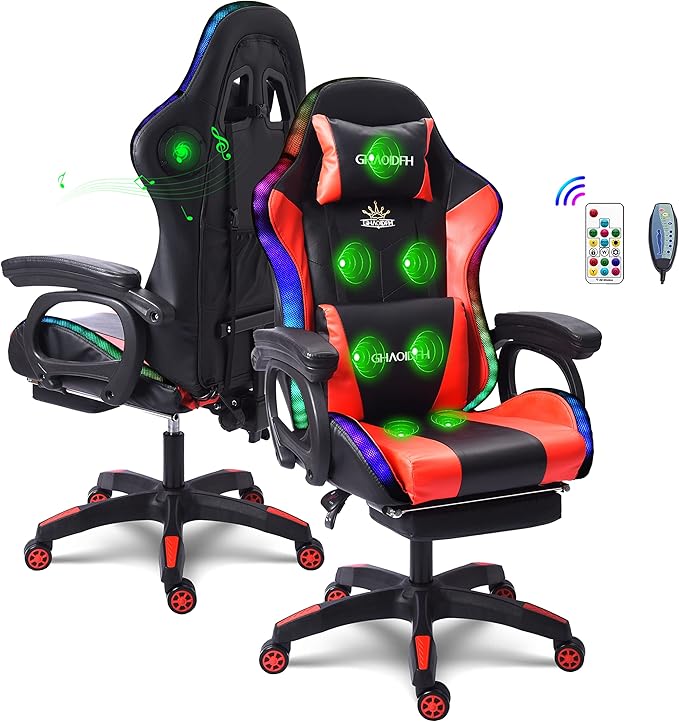 TBQATNTS Gaming Chair with Massage and SpeakersLed RGB Lights and Footrest Gaming ChairErgonomic Computer Chair High Back Video Game Chair with Adjustable Lumbar Support Linkage Armrest.RedNormal
