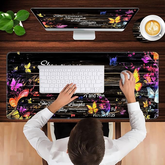 Keyboard Wrist Rest and Mouse Pad with Wrist Support Set Ergonomic CoasterMemory FoamEasy Typing Pain ReliefLarge XL Desk Mat 31.5x 11.8Floral Butterfly Bible Verse Proverbs 31-25
