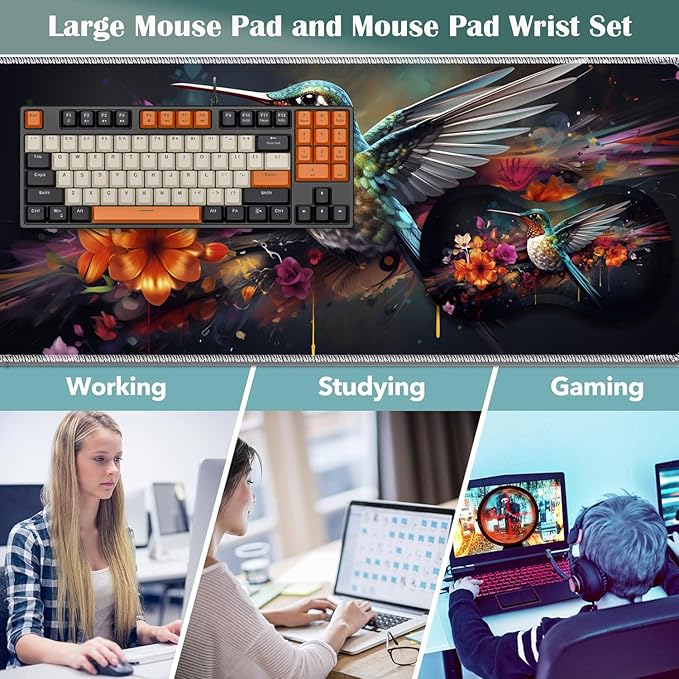 Large Game Mouse Pad + Wrist Support Pad + Coffee Coaster Desk Pad with Sewn Edges Anti-Slip Set pad Suitable for Office Work and Home - Colorful Hummingbird with Flower