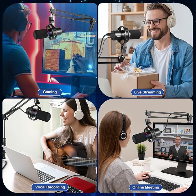 XLR USB Dynamic Microphone with RGB Light Volume Control Mute Button 3.5mm Headphone Jack. Compatible with Mixers Sound Cards PC MAC PS4 PS5 (Microphone with Boom Arm)