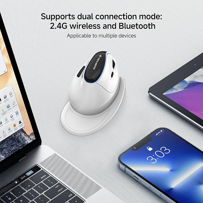 J-Tech Digital Vertical Ergonomic Wireless Mouse – Bluetooth Dual Mode + USB Dongle Rechargeable 2.4GHz Adjustable DPI 3200 for Laptop Desktop PC Mac [V638W]