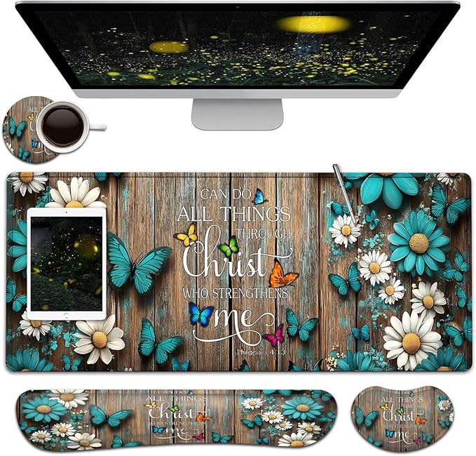 Large Mouse Pad + Keyboard Wrist Rest Set Extended Gaming Mousepad (31.5X11.8 inch) with Non-Slip Rubber Ergonomics Memory Foam Mouse Wrist Rest Support Wooden Wall Philippians 4:13 XXL Desk Pad