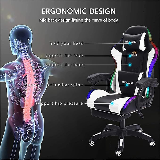 TBQATNTS Gaming Chair with LED Lights and Speakers Ergonomic Gaming Chair with Massage and FootrestComfortable Computer Reclining with Headrest and Lumbar SupportVideo Game Chair for Adults Kids.W