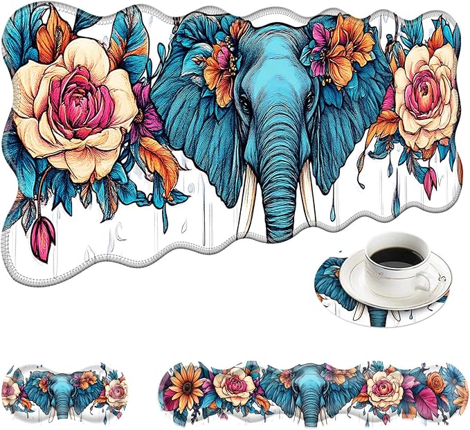 Large Mouse Pad and Keyboard Wrist Rest Desk Pad for Keyboard and Mouse 4-in-1 Large Gaming Mouse Pad with Wrist Support Desk Mat for Home Office Study Game-Floral Elephant