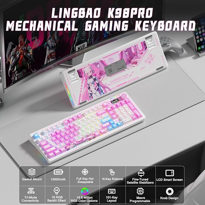 LINGBAO K98 PRO Anime Mechanical Keyboard Wireless with Screen &amp KnobRGB Gaming Keyboard Tri-Mode BT5.0/2.4GHz/USB-C Gasket Mount Hot Swappable Linear Switches Gamer Keyboards for PC/Mac/Andro