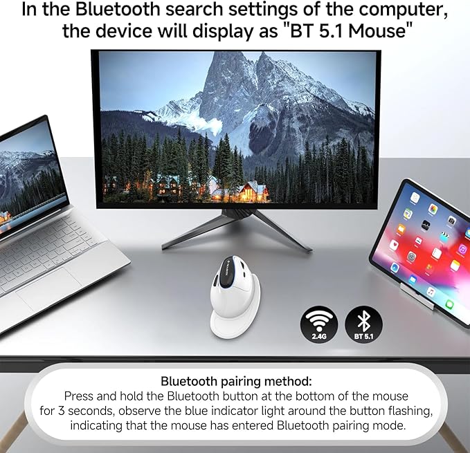 J-Tech Digital Vertical Ergonomic Wireless Mouse – Bluetooth Dual Mode + USB Dongle Rechargeable 2.4GHz Adjustable DPI 3200 for Laptop Desktop PC Mac [V638W]