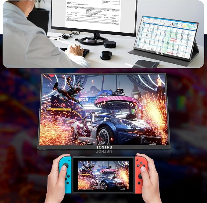 15.6 Portable Monitor Full HD 1080p USB-C &amp HDMI Connectivity Ultra-Slim Design Built-in Speakers Compatible with Laptop PC Gaming Consoles
