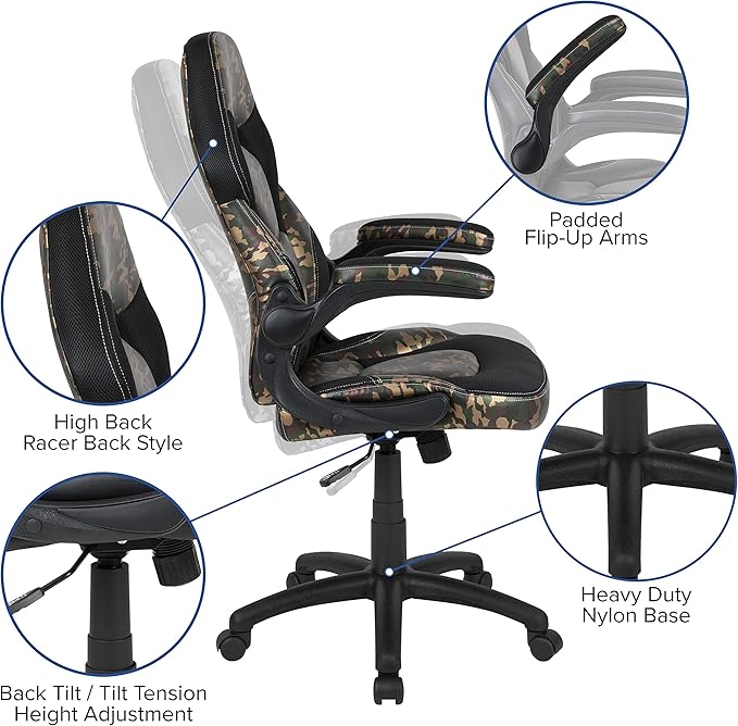 Flash Furniture Black Gaming Desk and Camouflage/Black Racing Chair Set with Cup Holder Headphone Hook and Monitor/Smartphone Stand