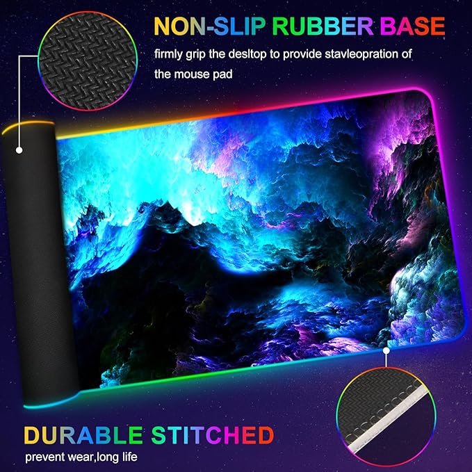 ARTSO RGB Gaming Mouse Pad Large Extended LED Mouse Mat XXL 35.4x15.7 inch 14 Lighting Modes 2 Brightness Non-Slip Rubber Base Mousepad Waterproof Keyboard MatFantasy Nebula Sky