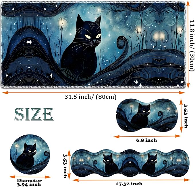 Large Gaming Mouse Pad + Keyboard Wrist Rest + Wrist Support + Coaster Set Memory Foam Ergonomic for Easy Typing XXL Extended Gaming Mouse Pad Table Pad - A Cat in The Moonlight