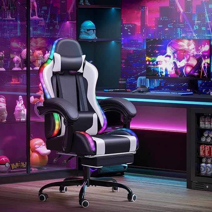 Homall Gaming Chair Video Game Chair with Footrest and Massage Lumbar Support Ergonomic Computer Chair Height Adjustable with Swivel Seat and Headrest (RGB Lvory)