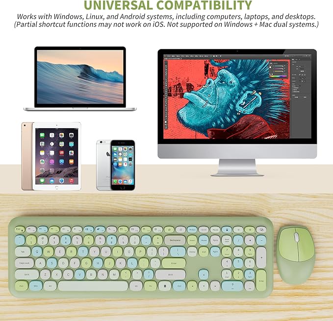 Wireless Keyboard and Mouse Combo Colorful Ergonomic Full Size Retro Low-Noise Keyboard with Cute keycaps Compatible with Windows PC Perfer for Home and Office Keyboards (Green)