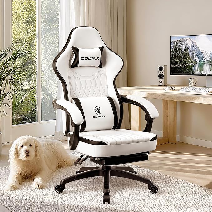 Dowinx Gaming Chair Breathable PU Leather Gamer Chair with Footrest Massage Lumbar Support Big and Tall Ergonomic Reclining Computer Chair with Pocket Spring Cushion for Adults Teens (Black&ampWhite