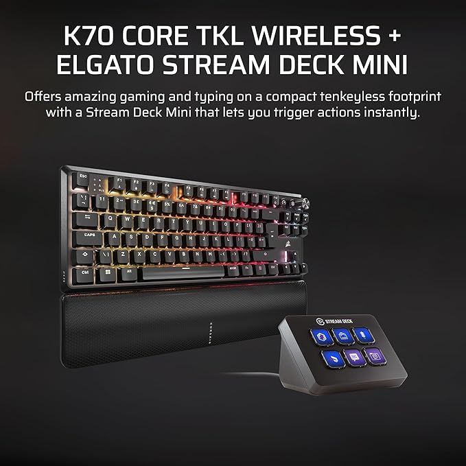 Corsair K70 CORE TKL Wireless + Elgato Stream Deck Mini Bundle - Mechanical Tenkeyless Gaming Keyboard with Studio Controller for Zoom Teams PowerPoint MS Office etc Compatible with PC/Mac