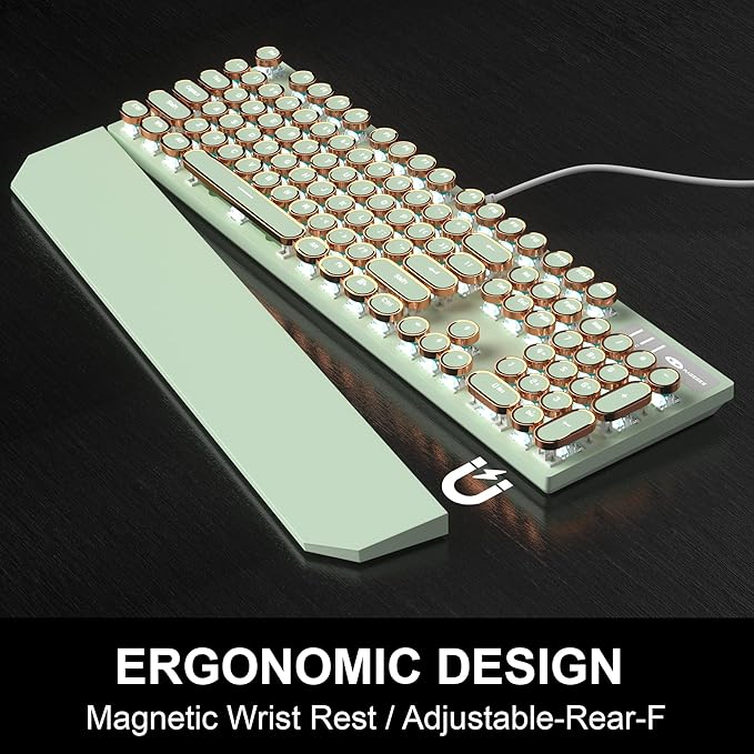 Camiysn Typewriter Style Mechanical Gaming Keyboard Green Retro Punk Gaming Keyboard with White Backlit 104 Keys Blue Switch Wired Cute Keyboards Round Keycaps for Windows/Mac/PC