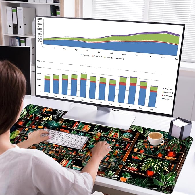 Mouse Pad with Wrist Support 4 in1 Set XXL Big Game Mousepad + Keyboard Wrist Rest + Mouse Wrist Rest Pad +Coaster Gaming Mat for Home Office Work Computer Laptop PC I Green Vine Book Forest