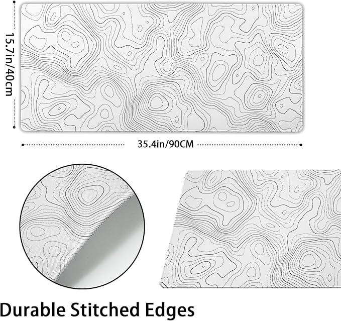 aportt Topographic Map Large Mouse Pad XXL White Lines Contour Geographic Extended Desk Mat Big 90X40 CM Non-Slip Rubber Base Stitched Edge Long Mousepad35.4 x 15.7 Inch