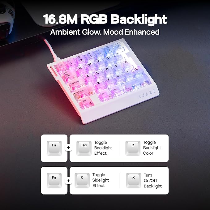MechLands AJAZZ AK029 One Handed Gaming Keyboard 8Khz Polling 29 Keys Rapid Fast Wired Keyboard SOCD &amp DKS Magnetic Switch Adjustable Actuation RGB Backlits Aluminum Plate (White Transparen