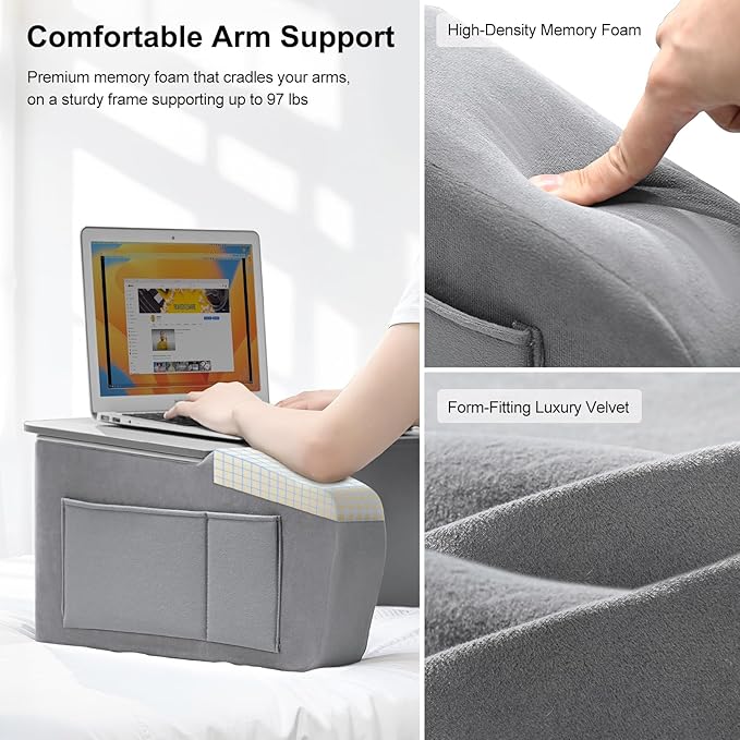 Reading Pillow for Gaming with Ergonomic Arm Rests Wooden Lap Desk for Laptop Support Pillow with Side Pockets for Reading Writing Working Gaming on Bed Couch or Floor (Gray Large)
