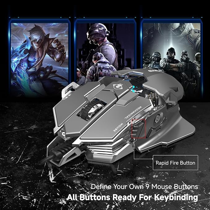 EWEADN G5 Wired Gaming Mouse Ergonomic RGB Computer Mouse 12800 Adjustable DPI 9 Programmable Macro Buttons with Rapid Fire Key Compatible for PC/Laptop/Windows-Grey&ampWhite