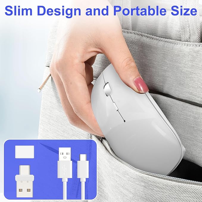 Bluetooth Wireless Mouse for MacBook Air Mac Pro iPad Laptop Computer Pad Optical Rechargeable Slim Silent Dual Mode (2.4G USB-C/USB-A&ampBluetooth 5.2/3.0) Mouse Jiggler for Computer Awakening - Sil