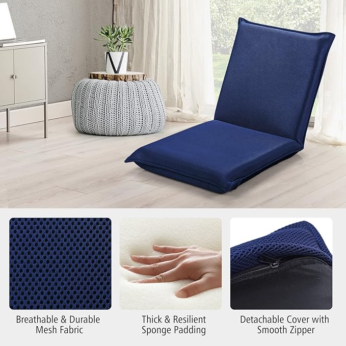 MAT EXPERT Adjustable Floor Chair 6-Position Mesh Floor Gaming Chair Folding Lazy Sofa Padded Lounger Recliner Cushioned Floor Chair with Back Support for Reading Meditating (Navy Blue)