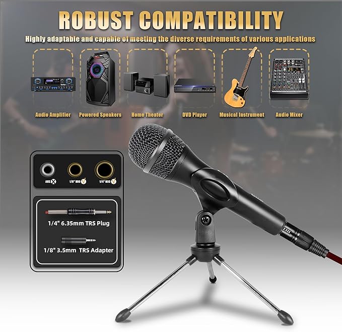 Professional Dynamic Microphone for Singing Karaoke Microphone with 16ft XLR to 1/4'' Audio Cable Vocal Handheld Mic for Podcast Mixer Amplifier PA System