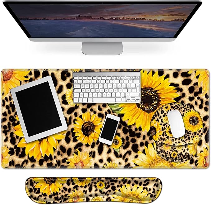 3 in 1 Full Desk Mouse Pad and Keyboard Wrist Rest Set Extended Gaming Mouse Pad + Ergonomic Keyboard and Mouse Mat with Soft Memory Foam Wrist Support for Office Home Sunflowers with Leopard Print