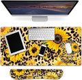 3 in 1 Full Desk Mouse Pad and Keyboard Wrist Rest Set Extended Gaming Mouse Pad + Ergonomic Keyboard and Mouse Mat with Soft Memory Foam Wrist Support for Office Home Sunflowers with Leopard Print