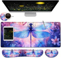 Large Mouse Pad + Keyboard Wrist Rest Set Extended Gaming Mousepad (31.5X11.8 inch) with Non-Slip Rubber Ergonomics Memory Foam Mouse Wrist Rest Support Watercolor Dragonfly XXL Desk Pad