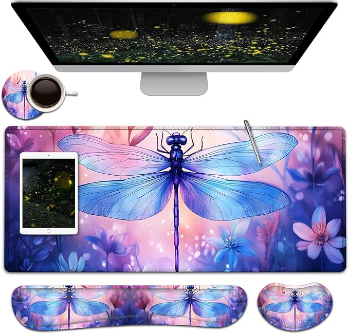 Large Mouse Pad + Keyboard Wrist Rest Set Extended Gaming Mousepad (31.5X11.8 inch) with Non-Slip Rubber Ergonomics Memory Foam Mouse Wrist Rest Support Watercolor Dragonfly XXL Desk Pad