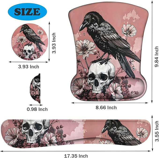 Keyboard Wrist Support + Wrist Mousepad + Coaster Combination Non-Slip PU Base with Gel Memory Mousepad Suitable for Gaming Office Pain Relief Mousepad Set - Crow Skull