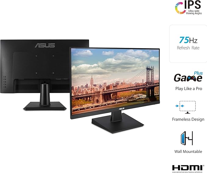 ASUS 24 Inch Desktop Monitor - 75Hz Full HD (1920x1080) IPS Frameless Adaptive-Sync Eye Care HDMI D-Sub DVI-D - VA24EHE