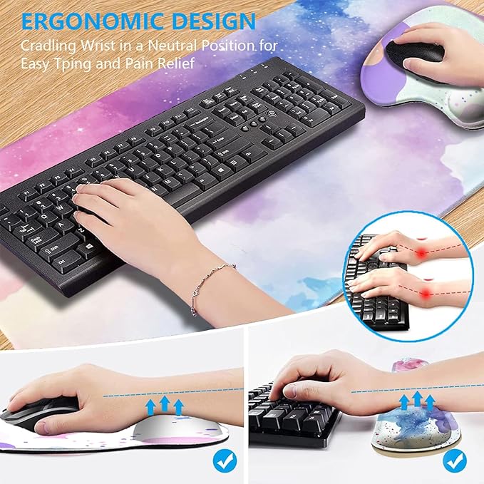AQQA Colorful Star Large Mouse Pad Set Pink Desk Mat for Desktop Women Girls Purple Waterproof Desk PadMouse Wrist Rest+Coaster Ergonomic Design for Home Office Computer 31.5x15.7Inches