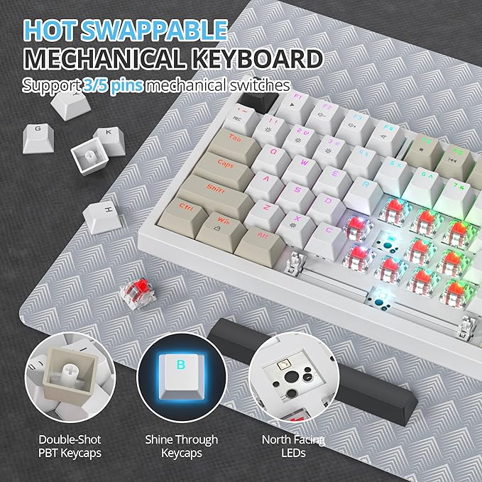 75 Percent Keyboard Gasket-Mounted with Sound Absorbing Pads 82-Key Compact Wired RGB Mechanical Gaming Keyboard Hot-Swap Socket for Win Gray Black White
