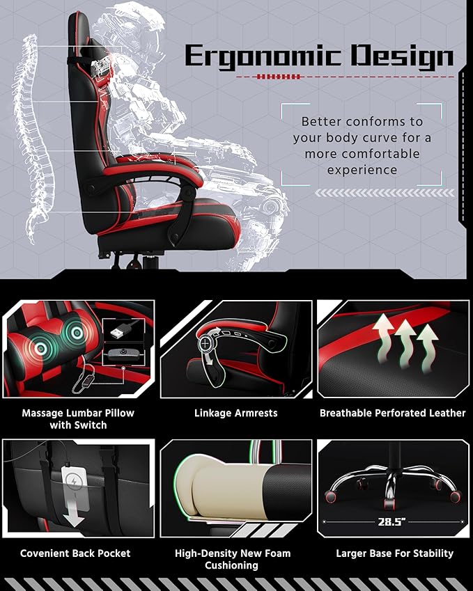 Yaheetech Gaming Chair Computer Office Chair with Headrest and Massage Lumbar Support Height Adjustable Ergonomic Chairs with Swivel Seat Black/Red