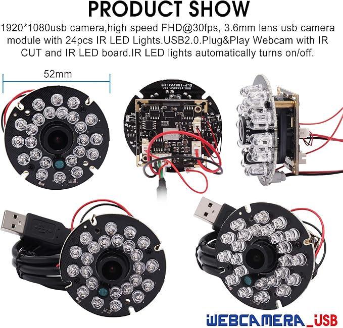 1080P Day Night Vision USB Camera Module IR Infrared Webcam Board 3.6mm Lens Wide Angle PC Camera Mini UVC USB2.0 Lightburn Camera High Speed 100fps Industrial Video USB with Camera for Computer