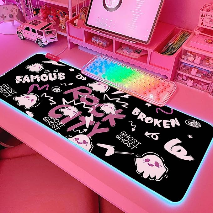 JMIYAV Pink RGB Gaming Mouse Pad 31.5x12 Inch PC XL Large Extended Glowing Led Light Up Desk Pad Non-Slip Rubber Base Computer Cute Mousepad Mat Desk Accessories Gaming Setup 851