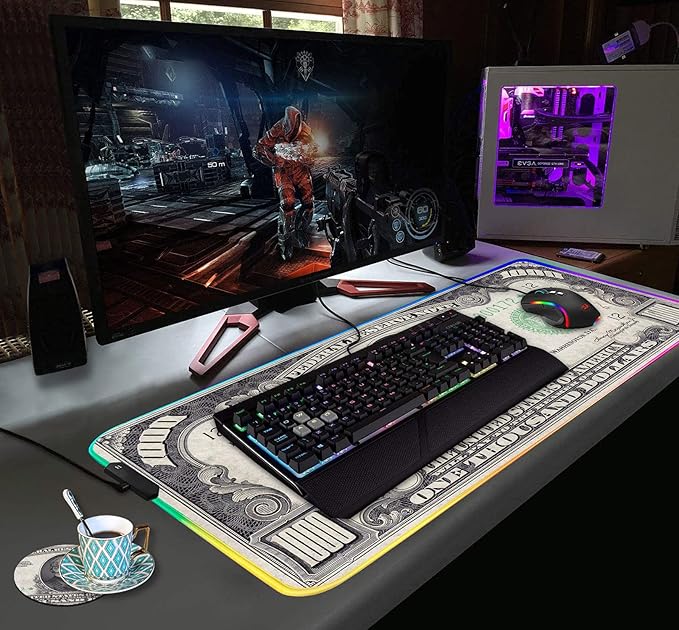 RGB Gaming Mouse Pad with Coffee Coaster XXL Large Glowing LED Mousepad Anti-Slip Rubber Base Computer Keyboard Desk Mouse Mat 31.5 X 11.8 Inch - 1000 Dollar Bill