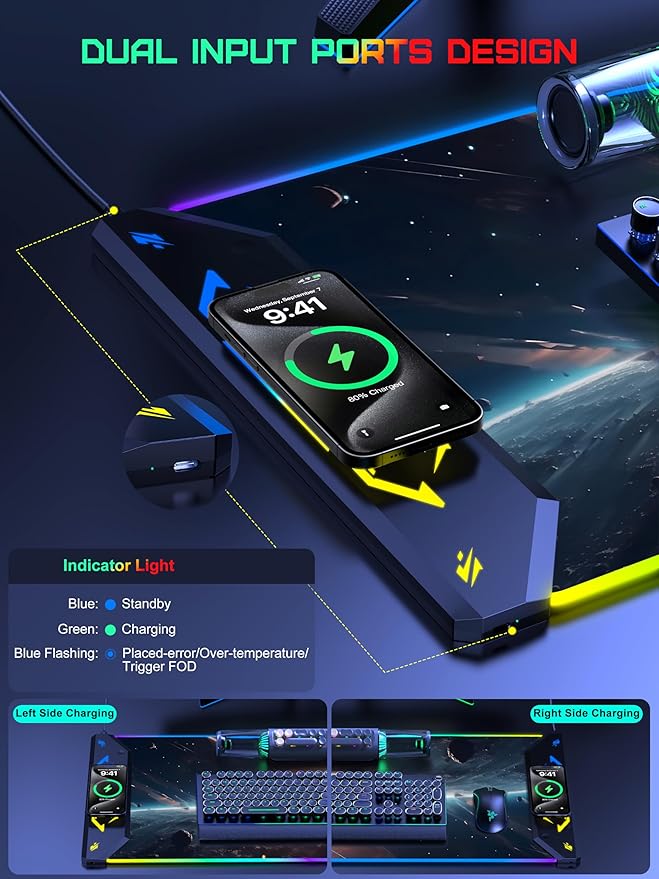 TopMade Wireless Charging Mouse Pad RGB Gaming Mousepad 35.4 x 15.8 Extra Large Waterproof Keyboard Desk Pad Computer Desk Mat Cosmic Planet (Includes 20W PD Power Adapter &amp 6.56ft Woven Cab